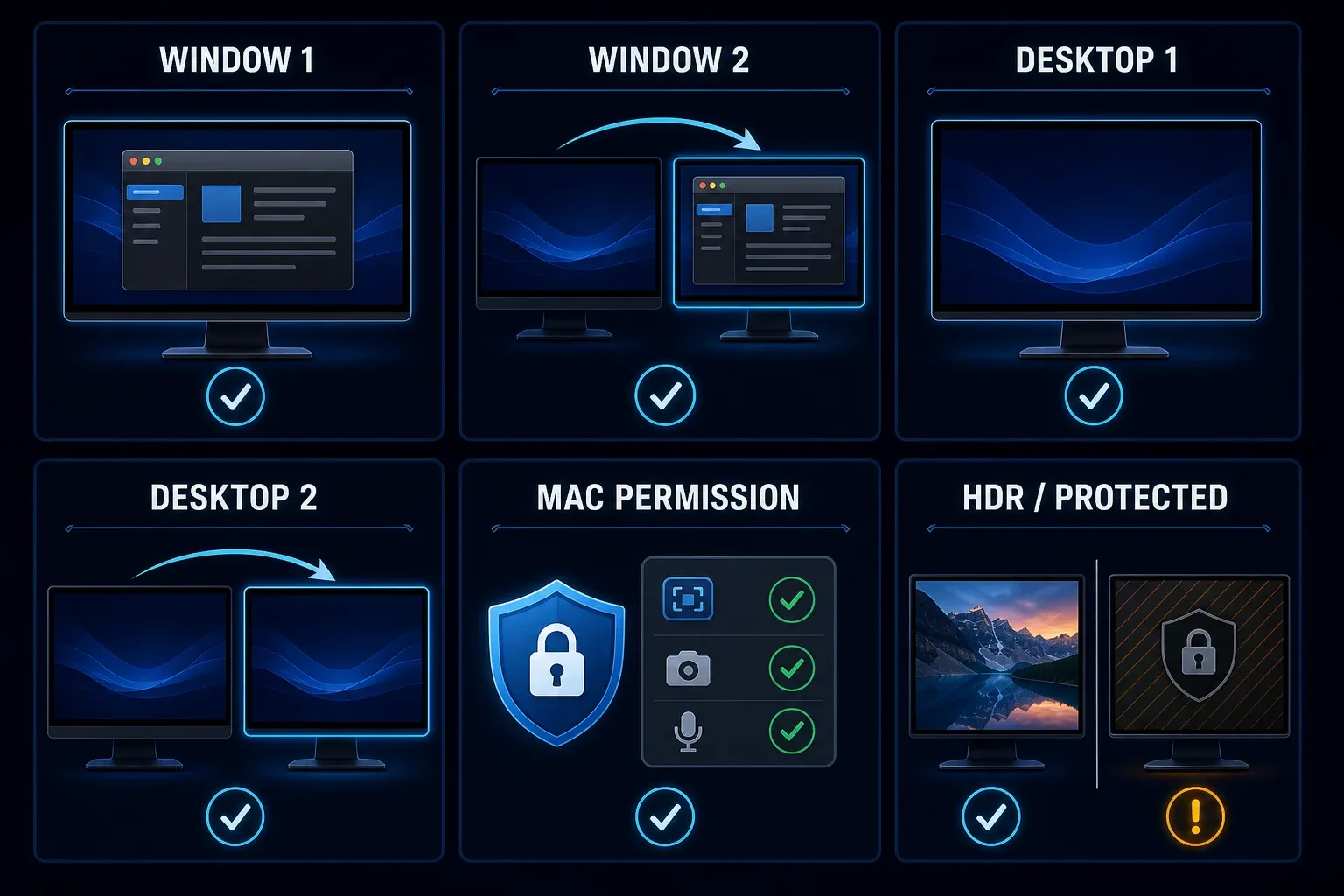 Multi-monitor Snagit test matrix for one screen region mixed scale Mac permission HDR and protected black content
