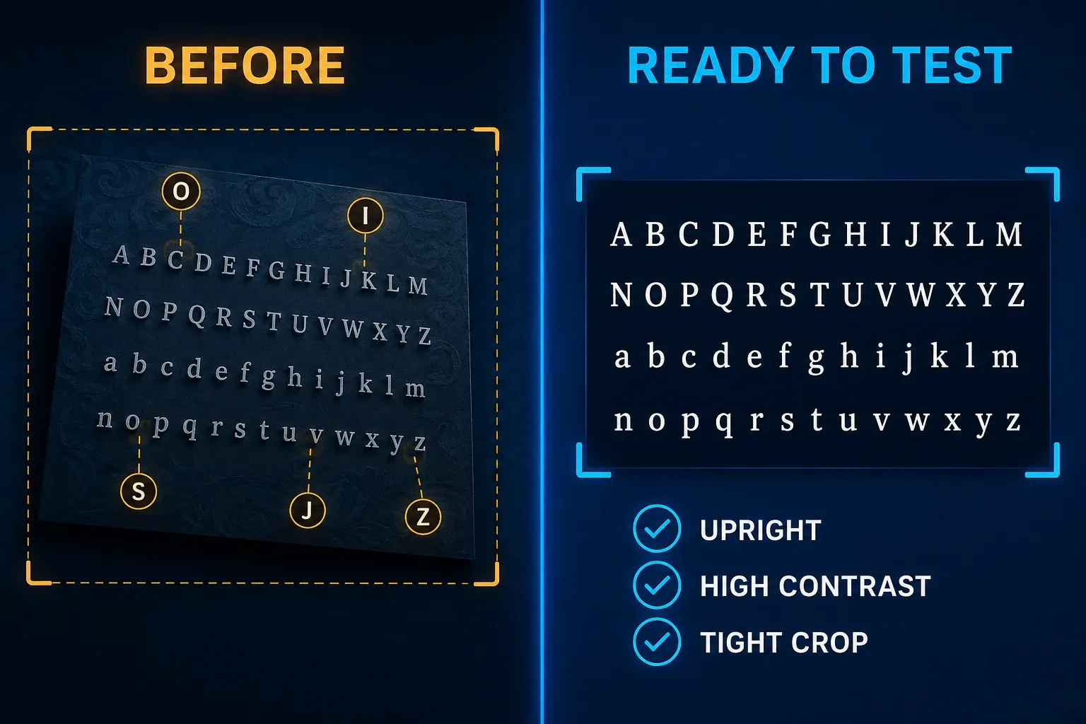 OCR accuracy comparison using upright high contrast large text and a tight selection instead of angled shadowed small text