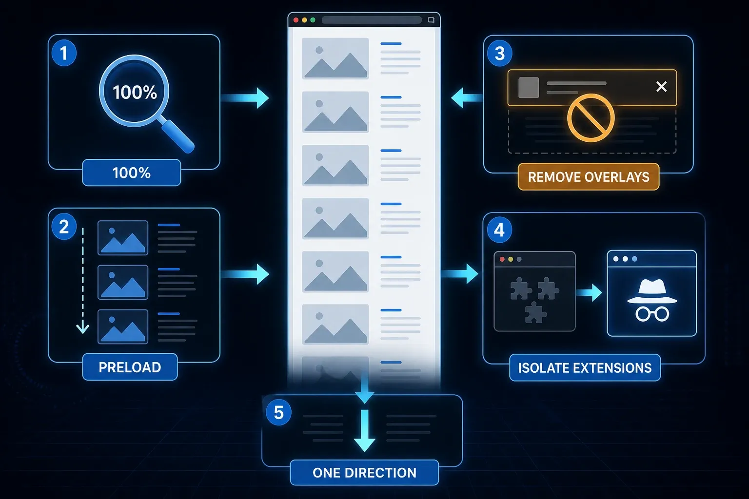 Controlled Snagit scrolling test at 100 percent zoom with lazy content sticky headers scrollbars and browser extensions