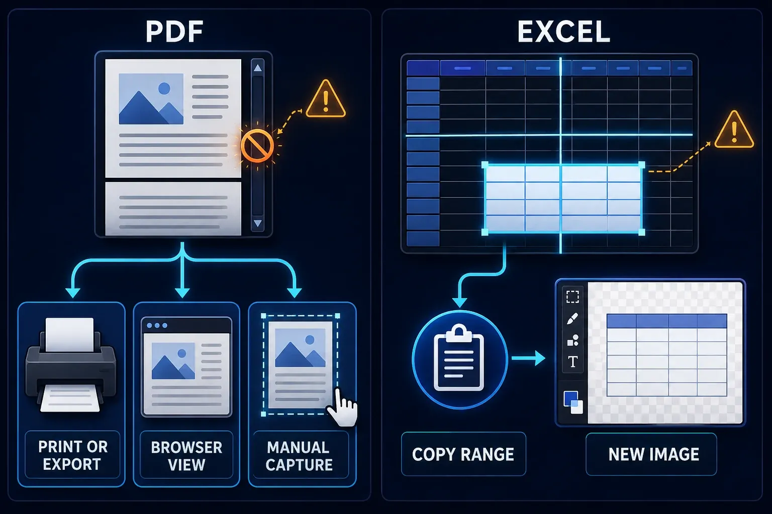 Snagit fallback routes for PDF print browser manual capture and Excel range copy to Editor
