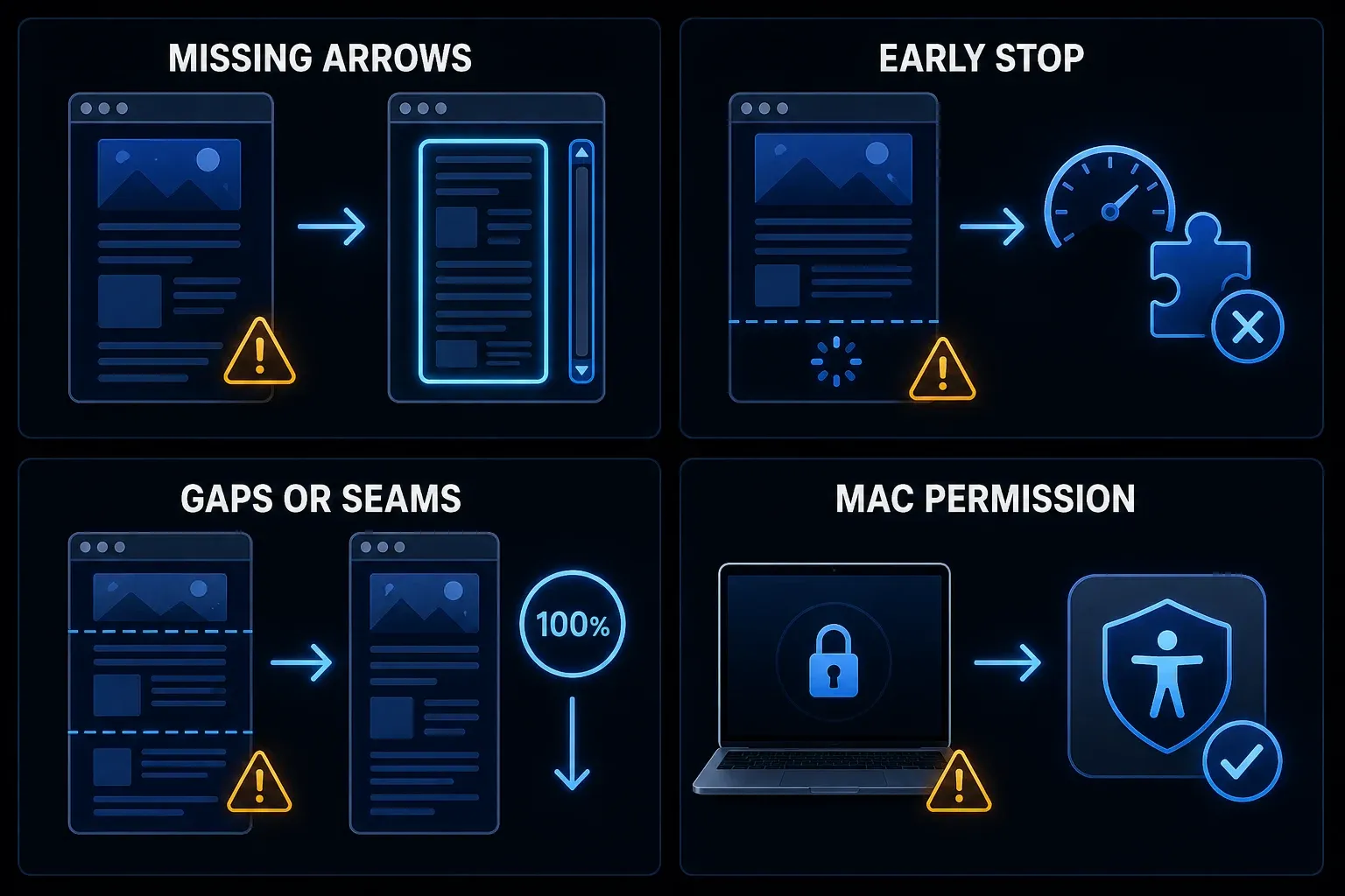 Snagit scrolling capture troubleshooting paths for missing arrows early stops seams permissions Excel and PDF