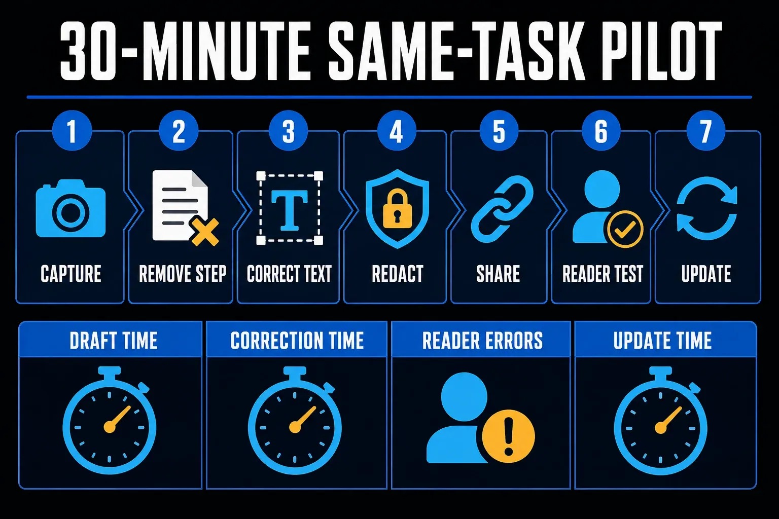 Thirty-minute Snagit versus Tango pilot measuring draft, correction, reader, and update time