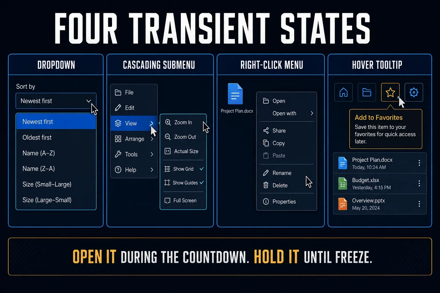 Dropdown list, cascading submenu, right-click menu and hover tooltip as four transient capture targets