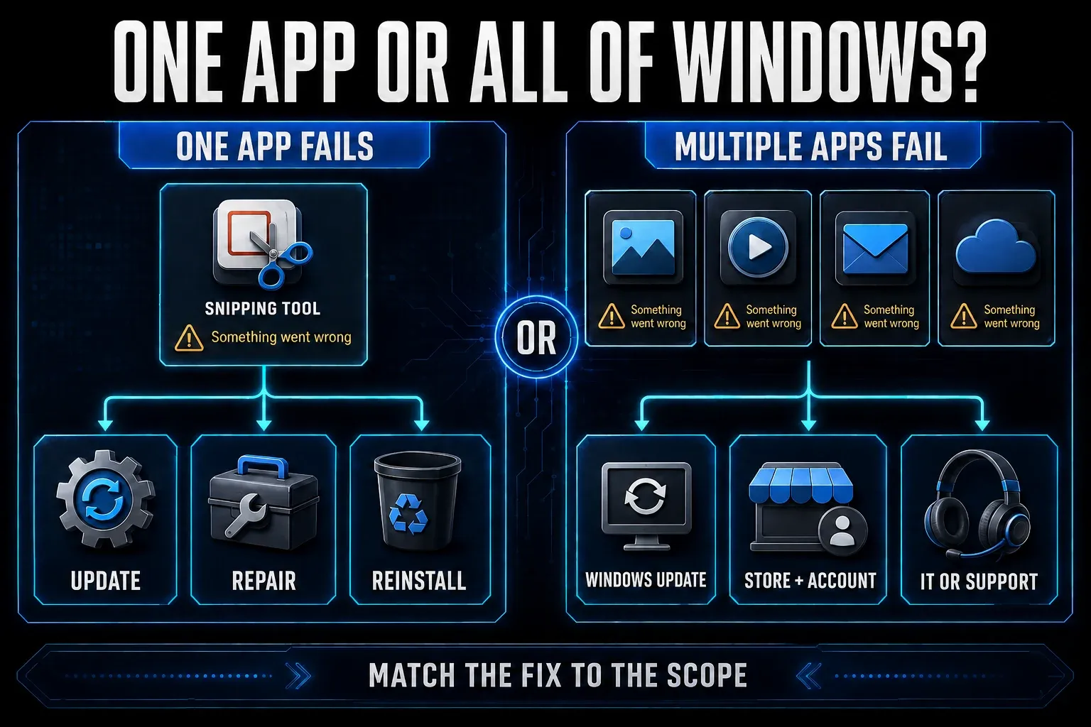 Escalation path for one Snipping Tool failure versus failures across several Windows apps