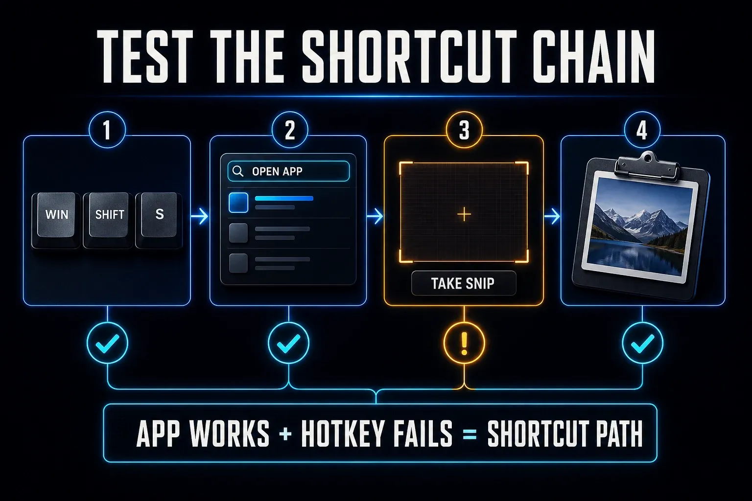 Windows 11 Snipping Tool shortcut test using Start, Windows Shift S, Print Screen, and the clipboard