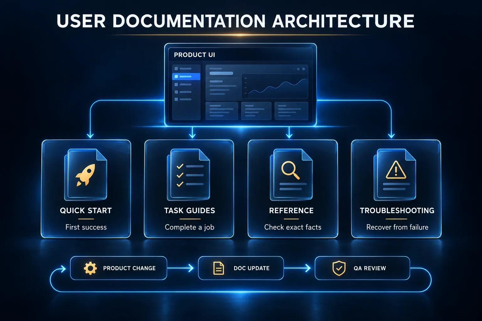 Software user documentation architecture connecting a quick start, task guides, reference pages and troubleshooting to maintained product information