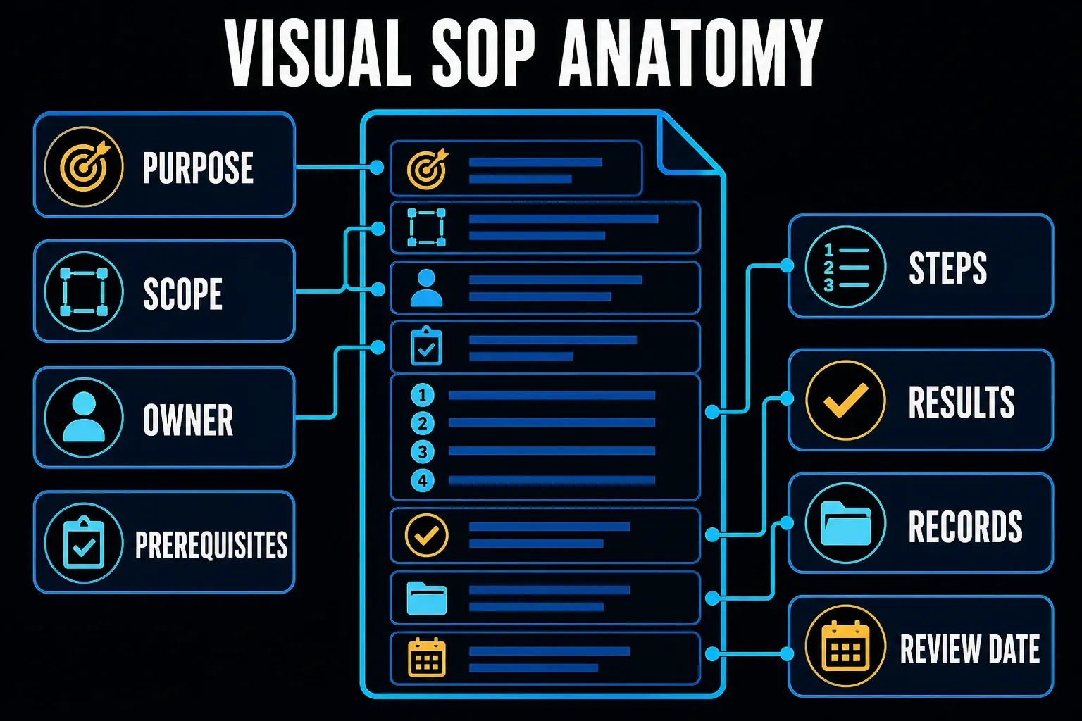 Visual SOP anatomy with purpose, scope, owner, prerequisites, steps, results, records, and review date