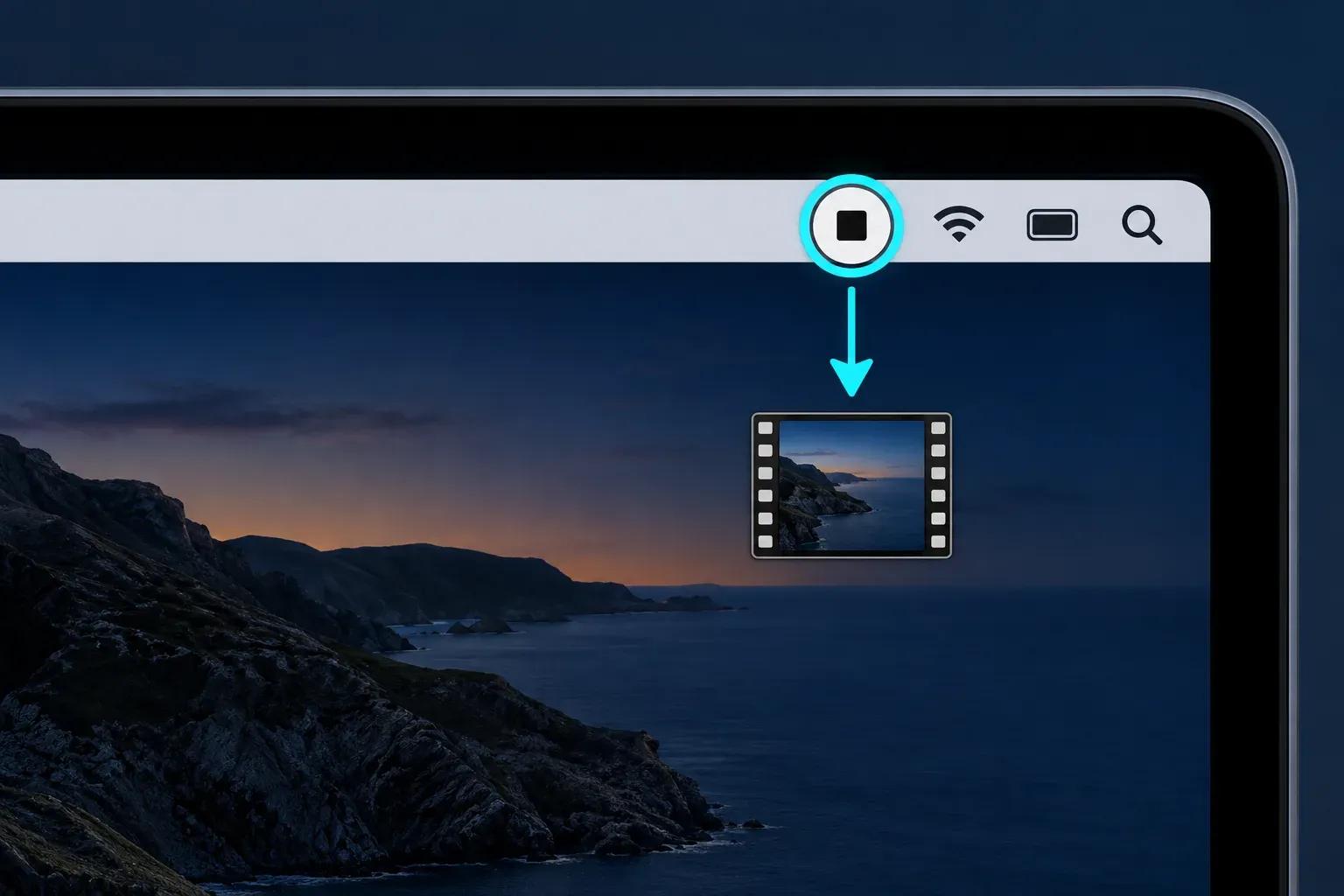 Mac menu bar Stop Recording icon connected to the finished video file