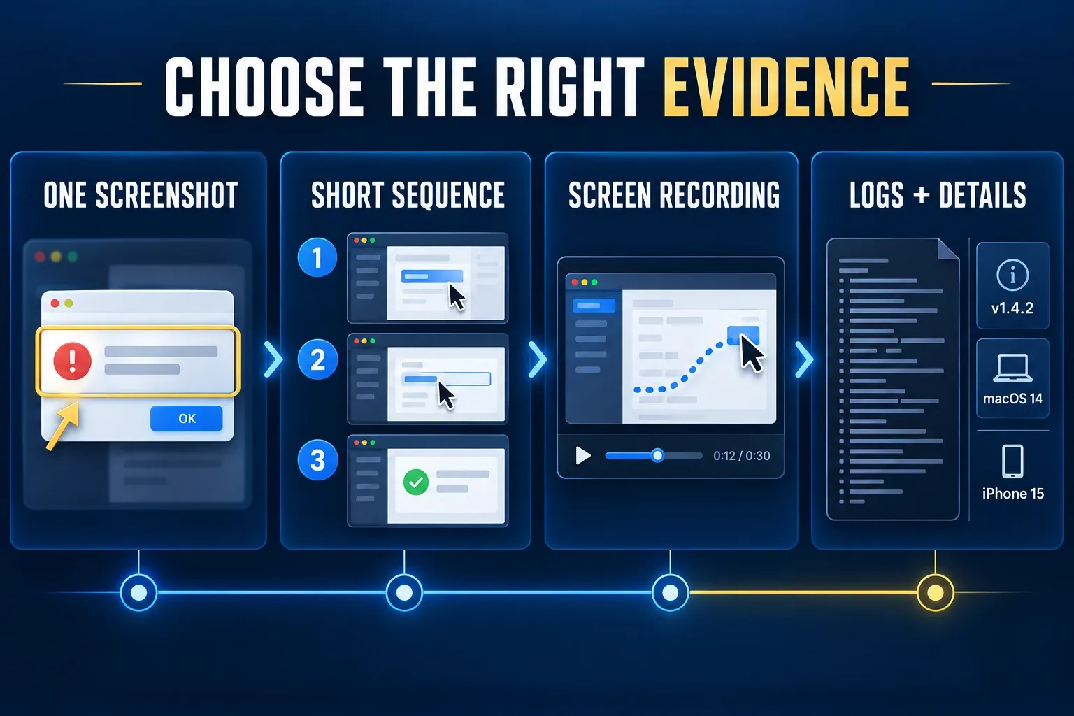 Decision guide comparing one screenshot, a short screenshot sequence, a screen recording, and logs with environment details