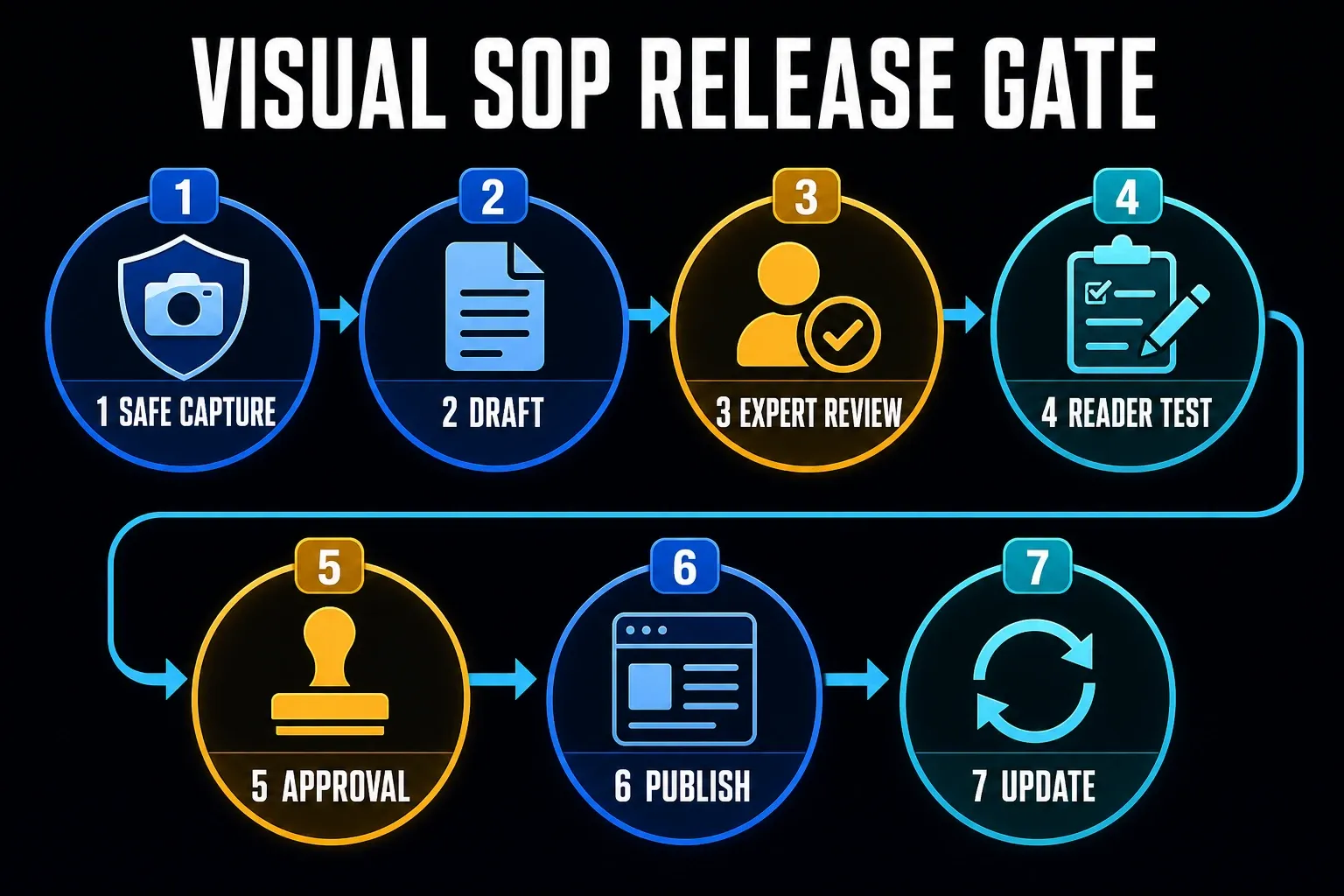 Visual SOP release gate from safe capture and expert review to reader test, approval, publication, and update