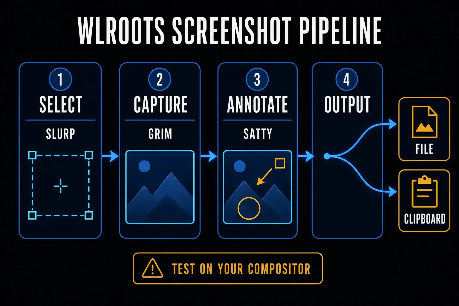 Wayland screenshot workflow using selector capture annotation clipboard and file output