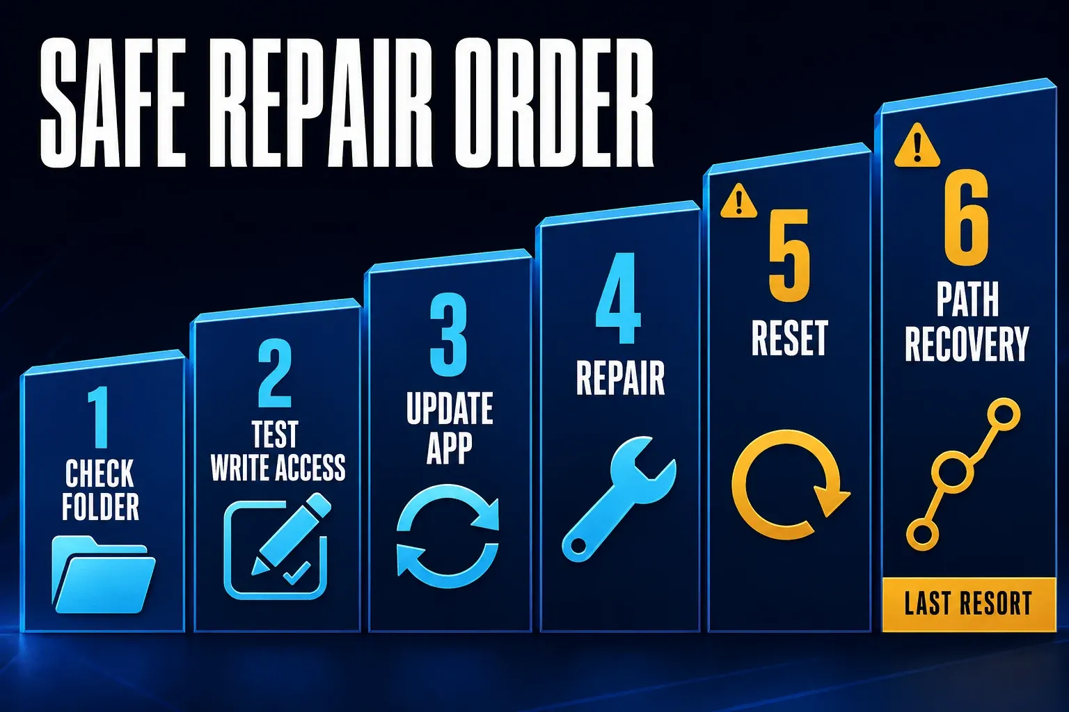 Safe Windows 11 screenshot repair ladder from folder checks to update, Repair, Reset, and path recovery