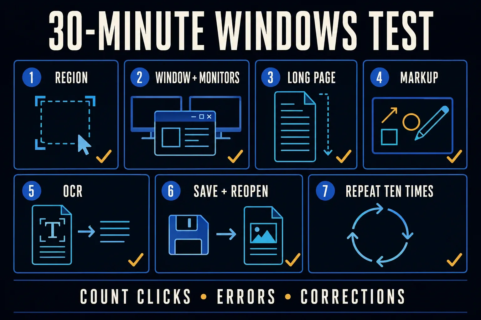 Thirty-minute Windows screenshot software test covering capture, editing, OCR, output, and repetition