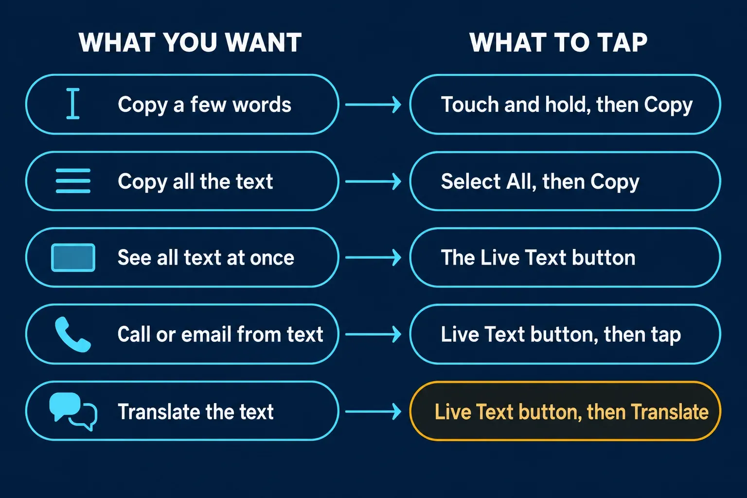 Two-column chart, What you want on the left and What to tap on the right: Copy a few words to Touch and hold, then Copy; Copy all the text to Select All, then Copy; See all text at once to The Live Text button; Call or email from text to Live Text button, then tap; Translate the text to Live Text button, then Translate
