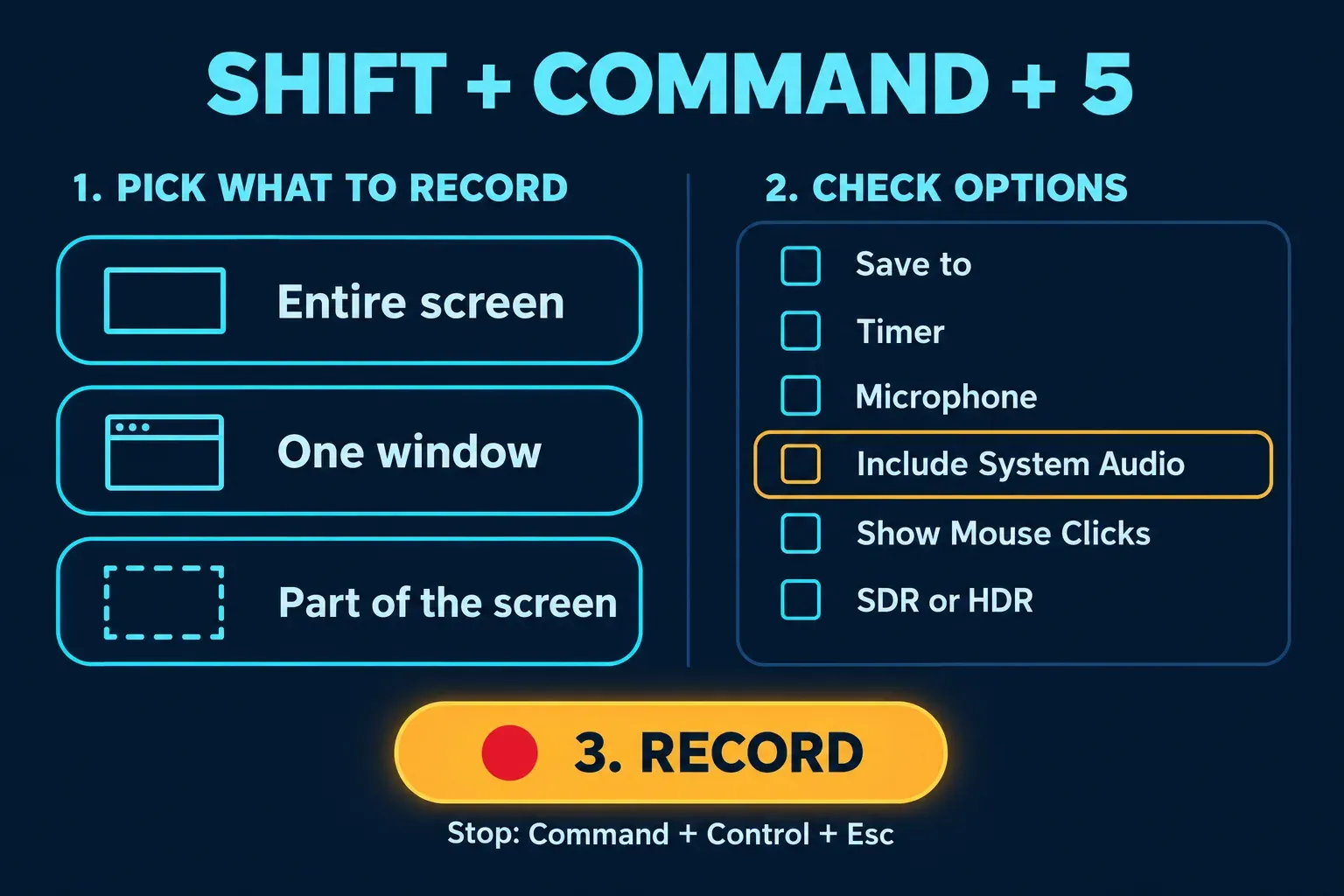 Diagram headed Shift + Command + 5 with three steps: 1. Pick what to record, with Entire screen, One window and Part of the screen; 2. Check options, listing Save to, Timer, Microphone, Include System Audio highlighted in amber, Show Mouse Clicks and SDR or HDR; 3. Record, with Stop: Command + Control + Esc underneath