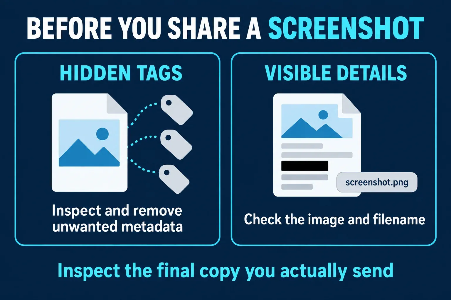Screenshot sharing checks: remove unwanted hidden tags, inspect visible text and the filename, then check the final copy before sending.
