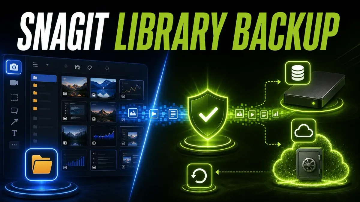 Snagit Library backup cover with local drive, cloud archive and restore paths