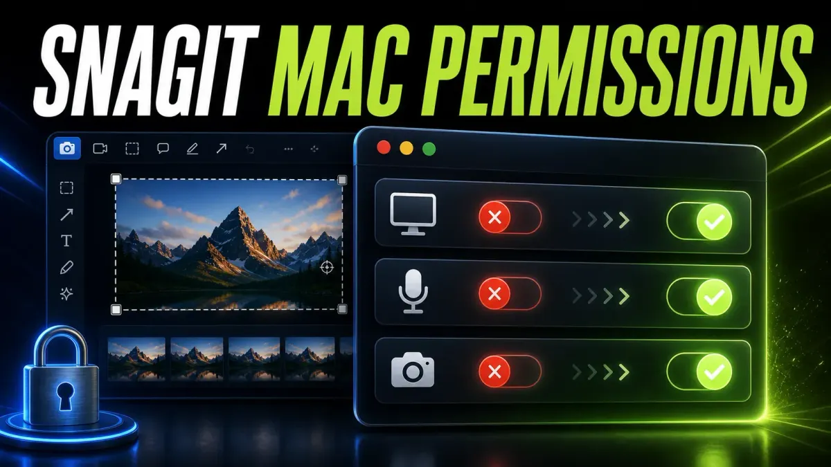 Snagit Mac permissions cover with screen, microphone and camera controls