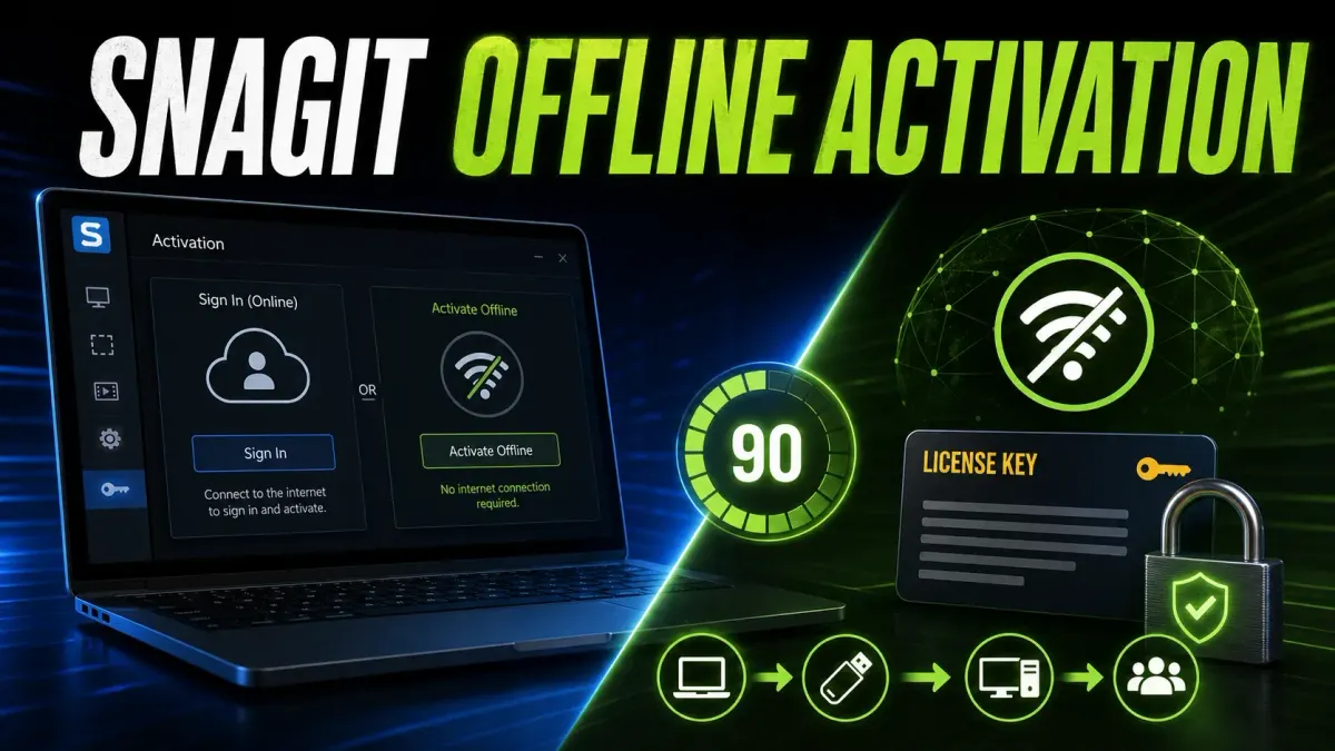Snagit offline activation cover with a 90-day timeline and license path