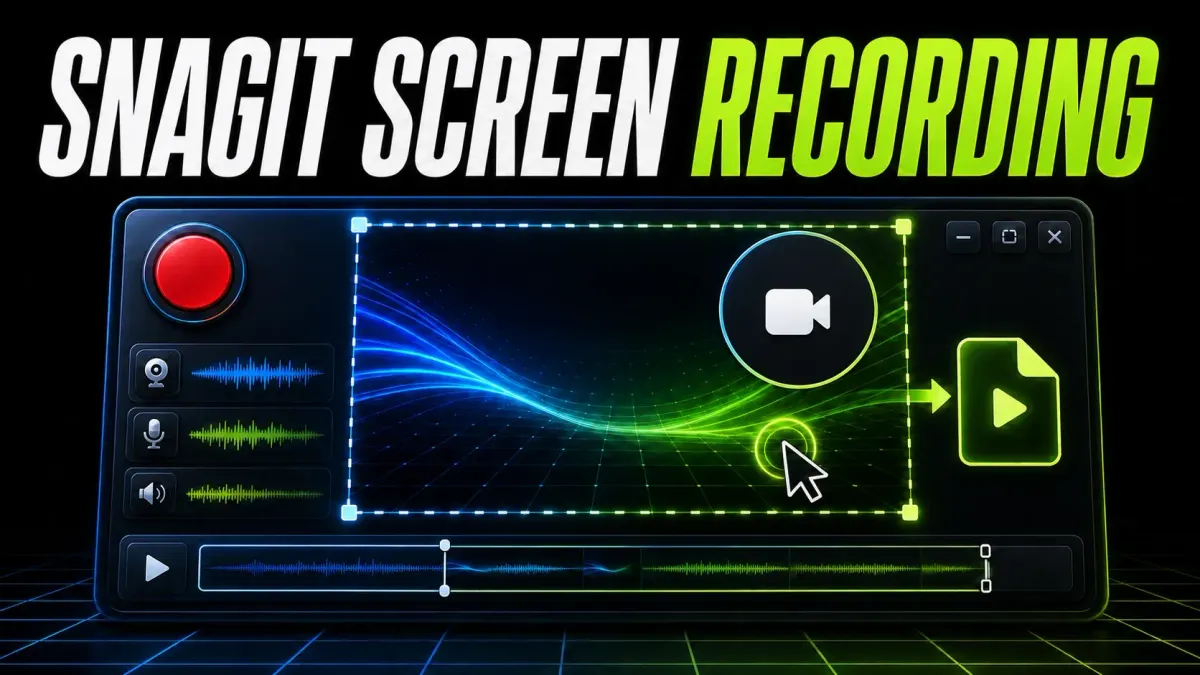 Snagit screen recording interface with audio, camera, and timeline controls
