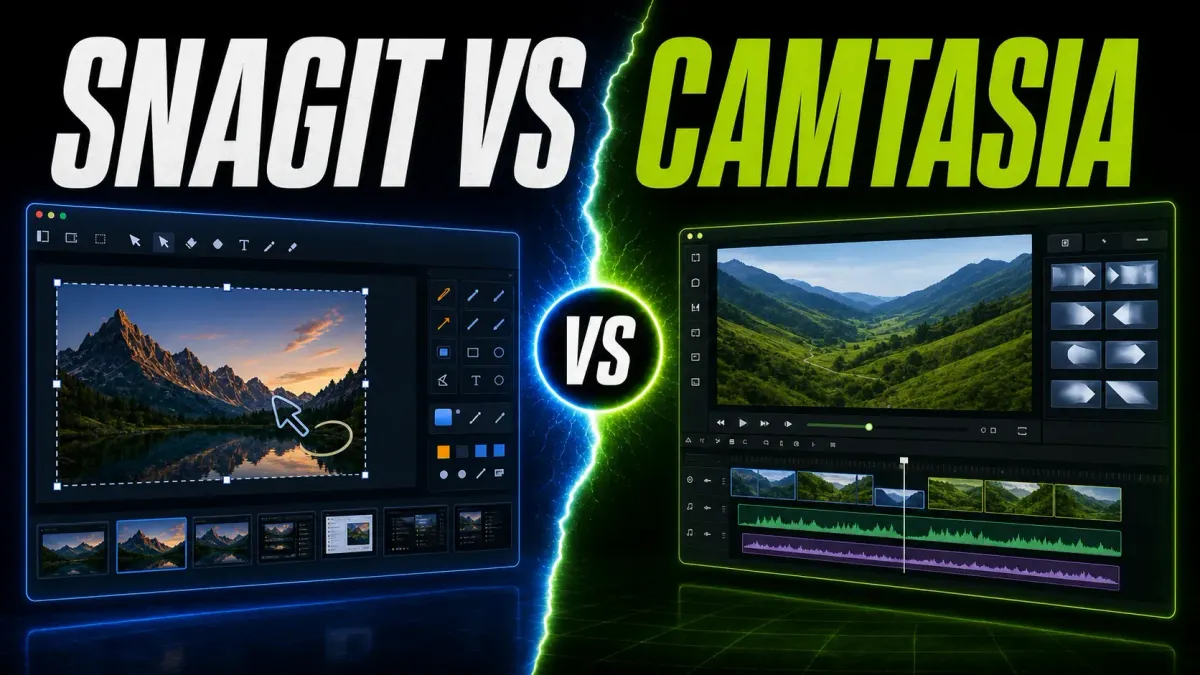 Snagit screenshot editor compared with Camtasia multitrack video editor