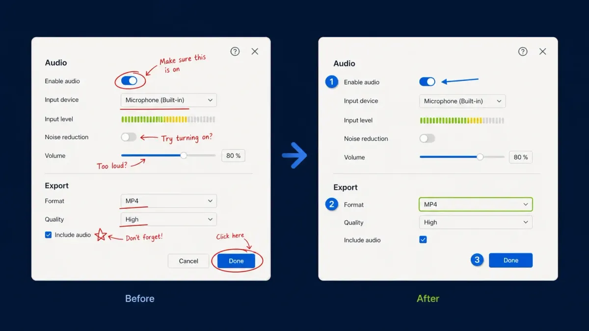 Cluttered screenshot annotations simplified into one precise arrow, outline, and numbered sequence