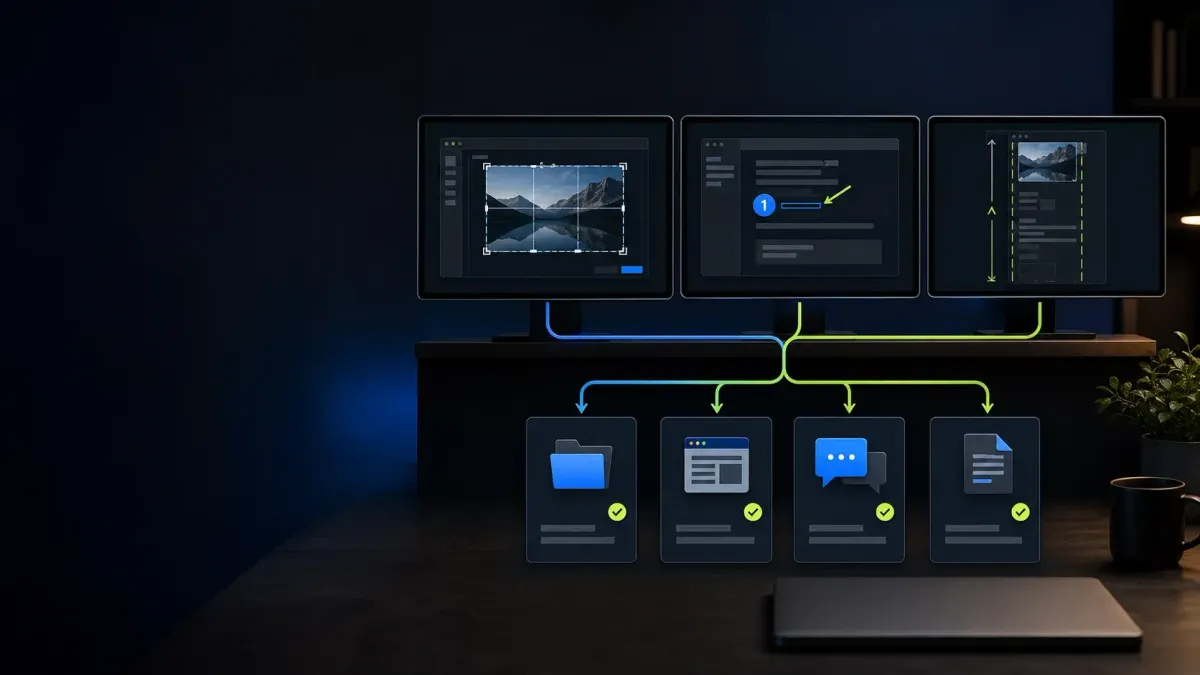 Screenshot workflows branching from capture and annotation to local files, help articles, team messages, and documentation