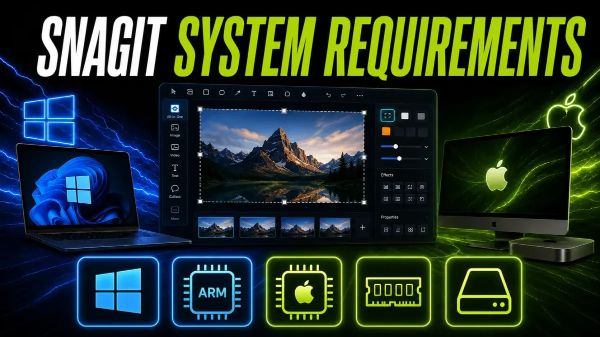 Snagit 2026 system requirements for Windows, ARM, Apple silicon, RAM, and storage