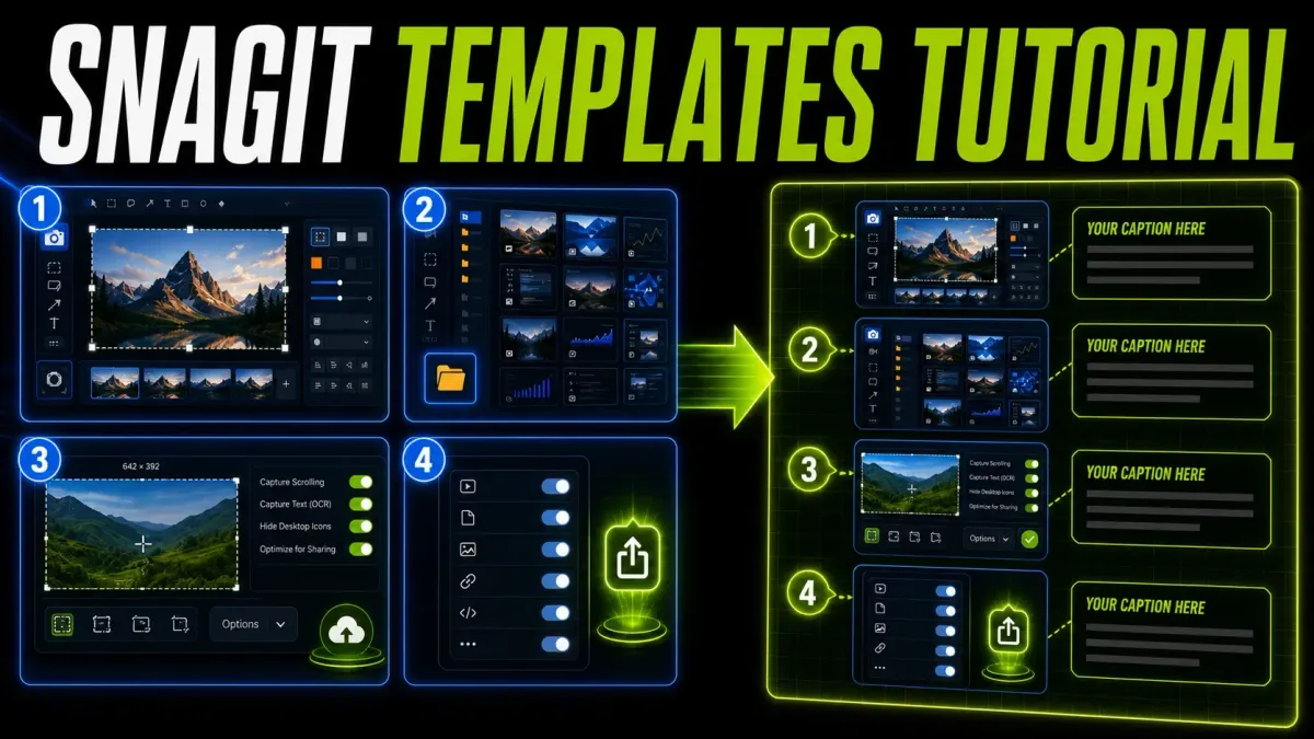 Snagit template editor assembling four screenshots into a numbered visual guide