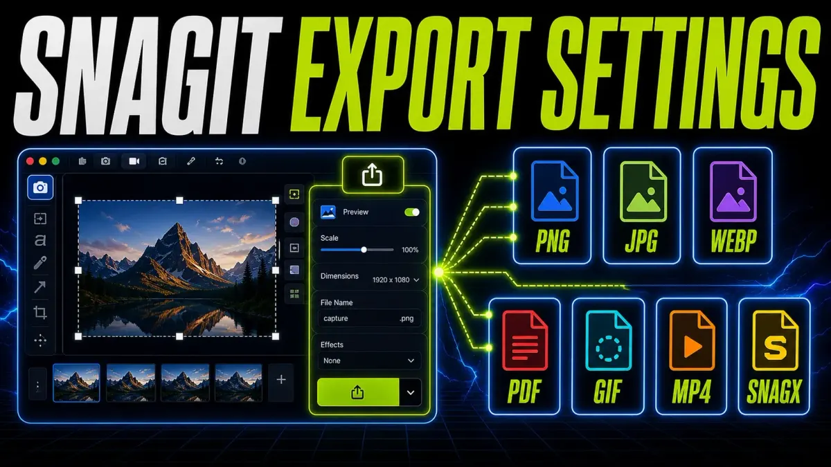 Snagit export settings branching to PNG, JPG, WebP, PDF, GIF, MP4, and SNAGX