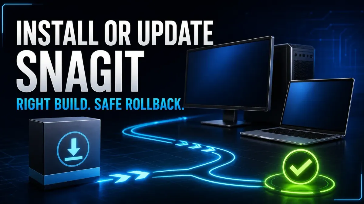 Install or update Snagit with the correct build and a protected rollback path