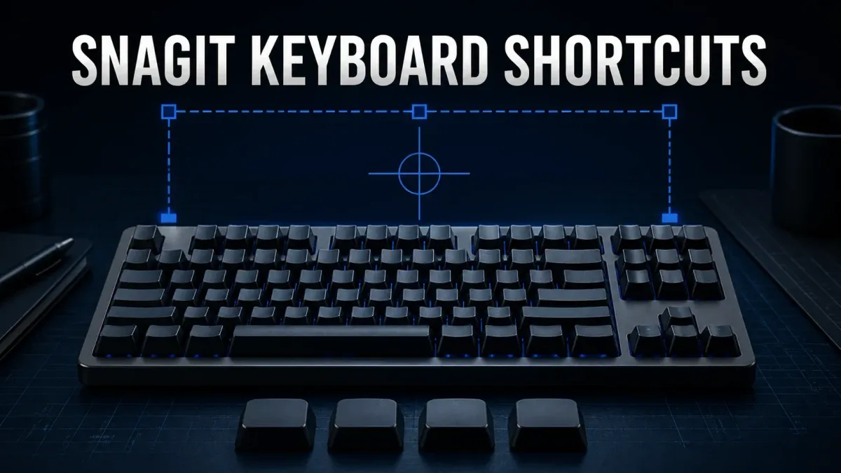 Snagit keyboard shortcuts guide with a keyboard and screen capture selection frame