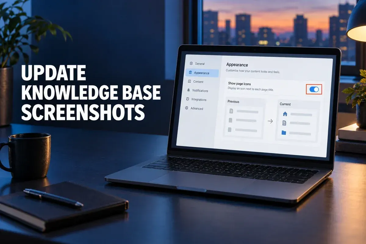 Laptop showing a knowledge-base screenshot being reviewed after an interface change