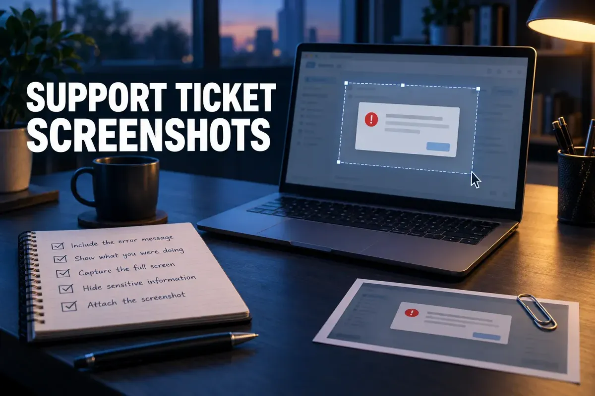 Support ticket screenshot with a generic error state, focused capture area, and privacy checklist