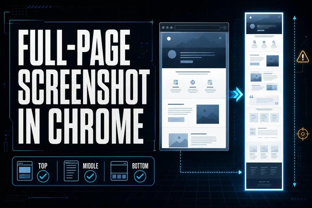 Full-page screenshot workflow in Chrome from a tall webpage to a verified image