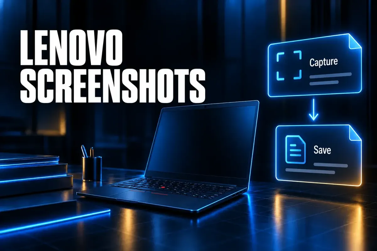 Lenovo laptop beside a capture-to-save diagram for a screenshot