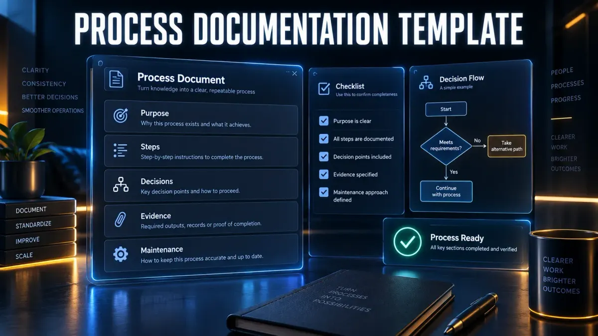 Process documentation template organized into purpose, steps, decisions, evidence and maintenance sections