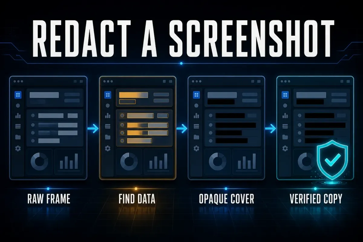 Safe screenshot redaction workflow from personal-data inventory to opaque cover and verified output