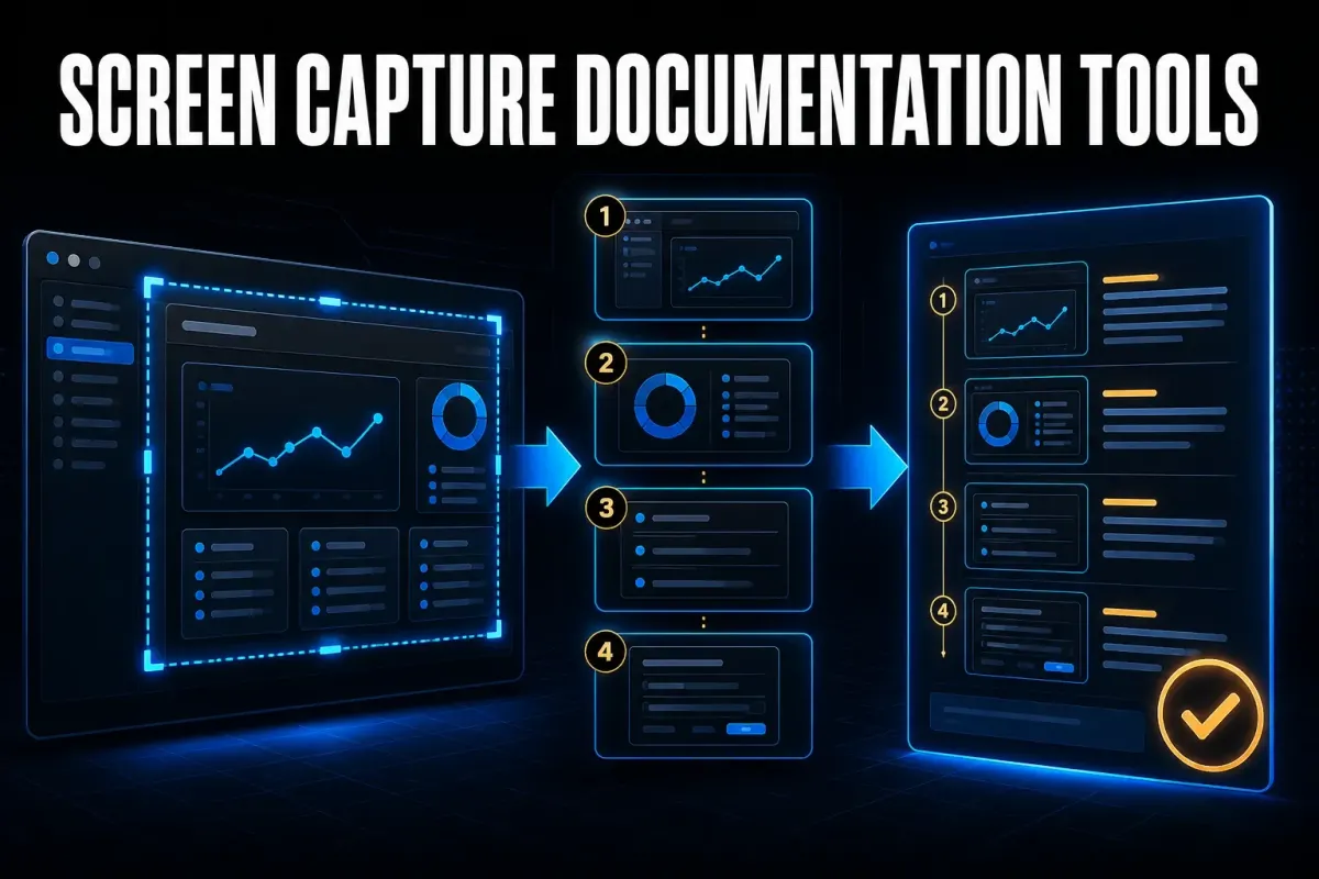 Screen capture documentation tools turning a software workflow into reviewed visual instructions