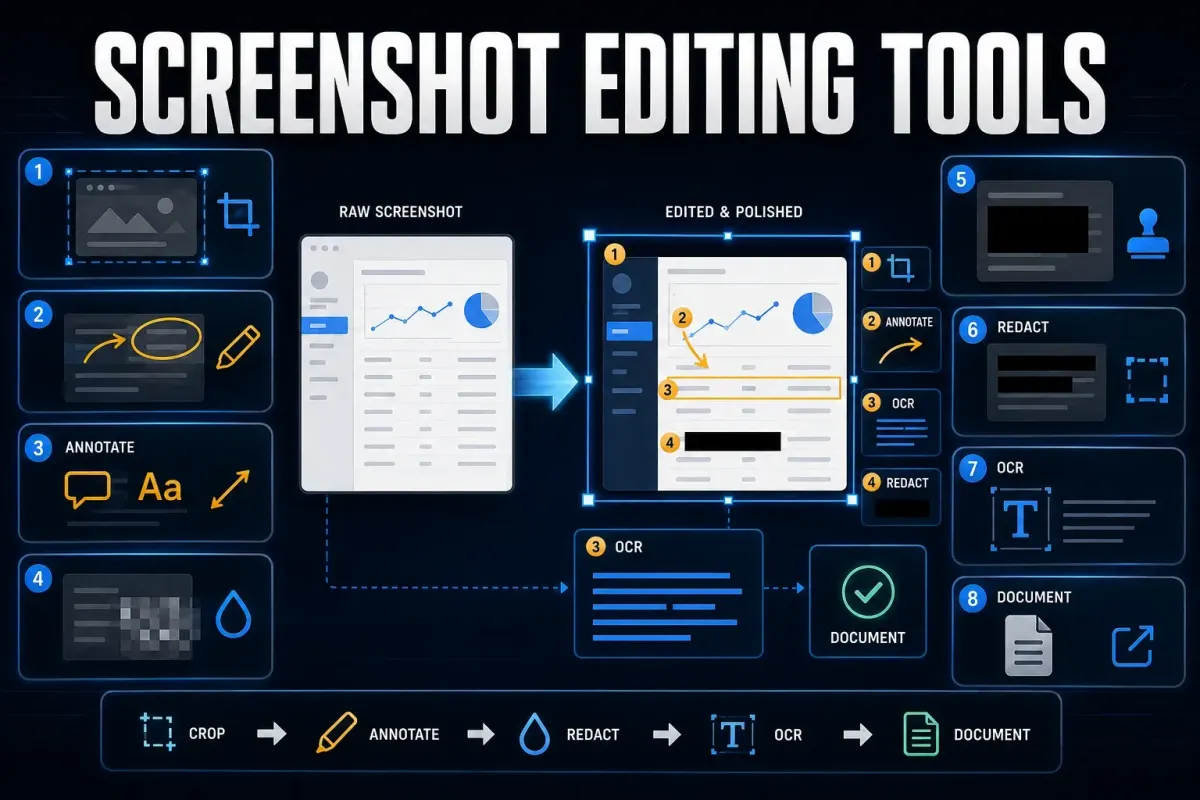 Screenshot editing tools for annotation redaction OCR documentation and safe export workflows