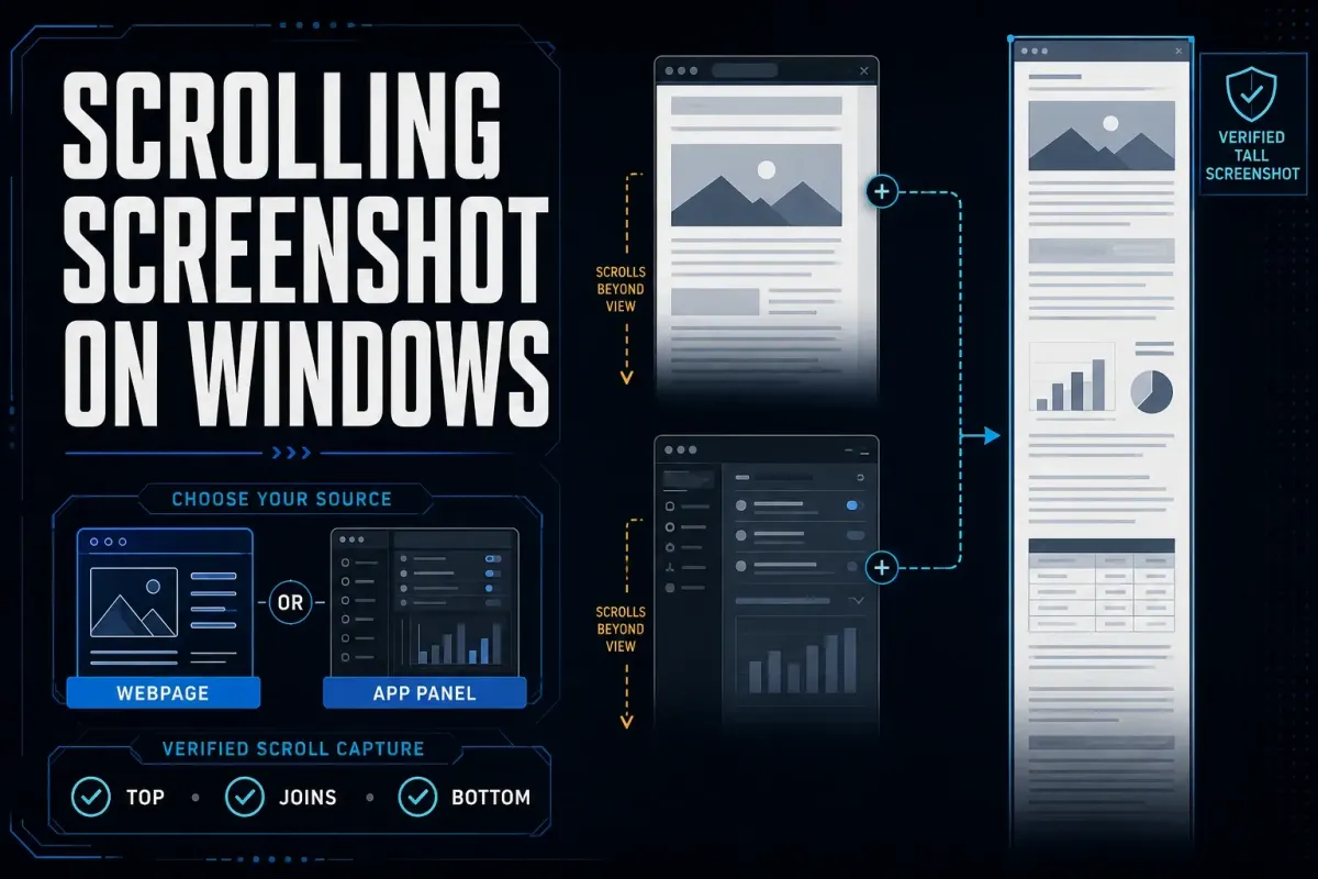 Windows scrolling screenshot workflow for webpages and application panels