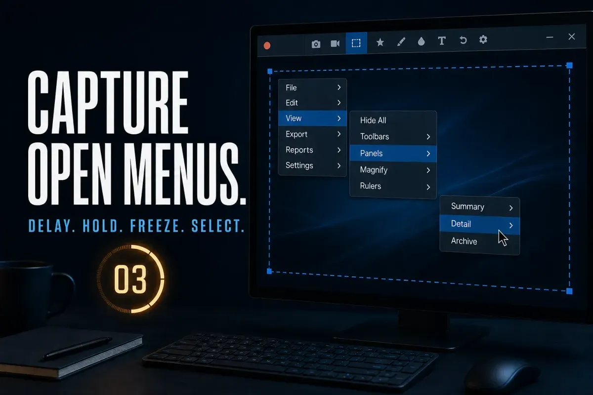 Snagit dropdown menu capture with an open cascading submenu countdown timer and frozen selection area
