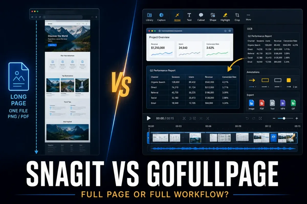 GoFullPage browser page capture compared with Snagit multi-source capture and editing