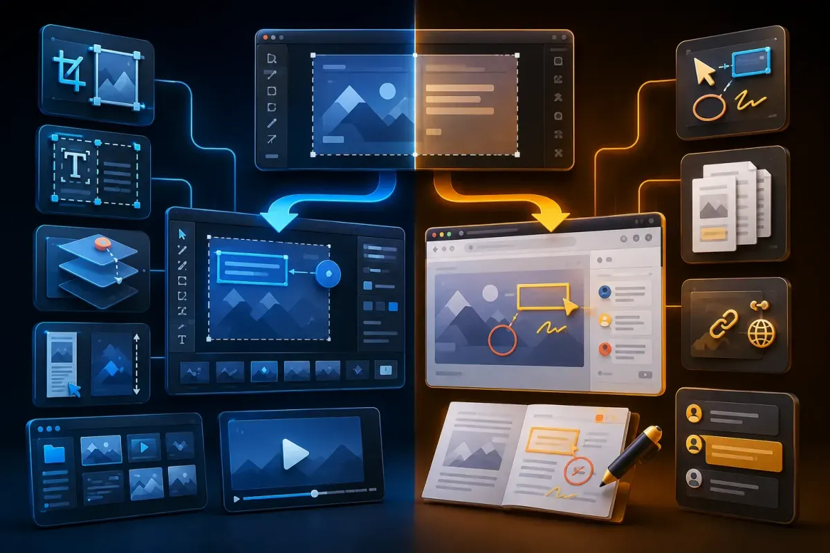 Snagit desktop visual production compared with Markup Hero browser annotation and live sharing