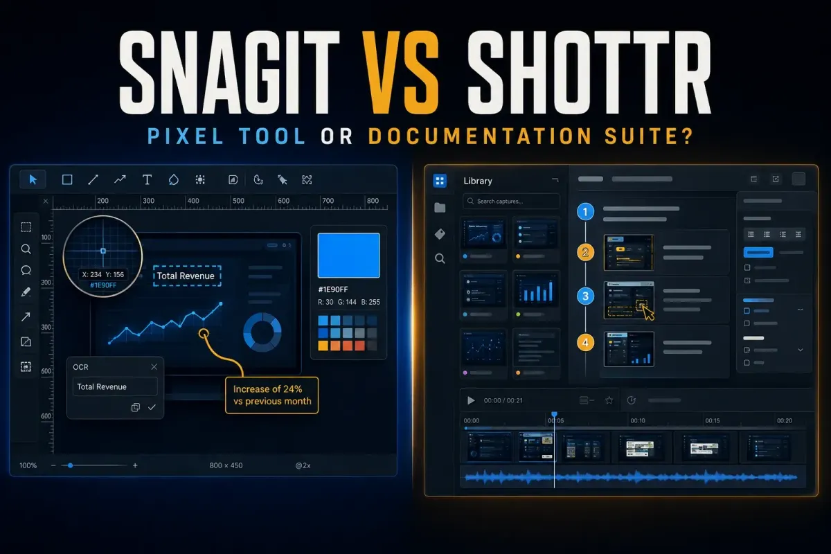 Shottr pixel-focused Mac screenshot workflow compared with Snagit documentation and video production