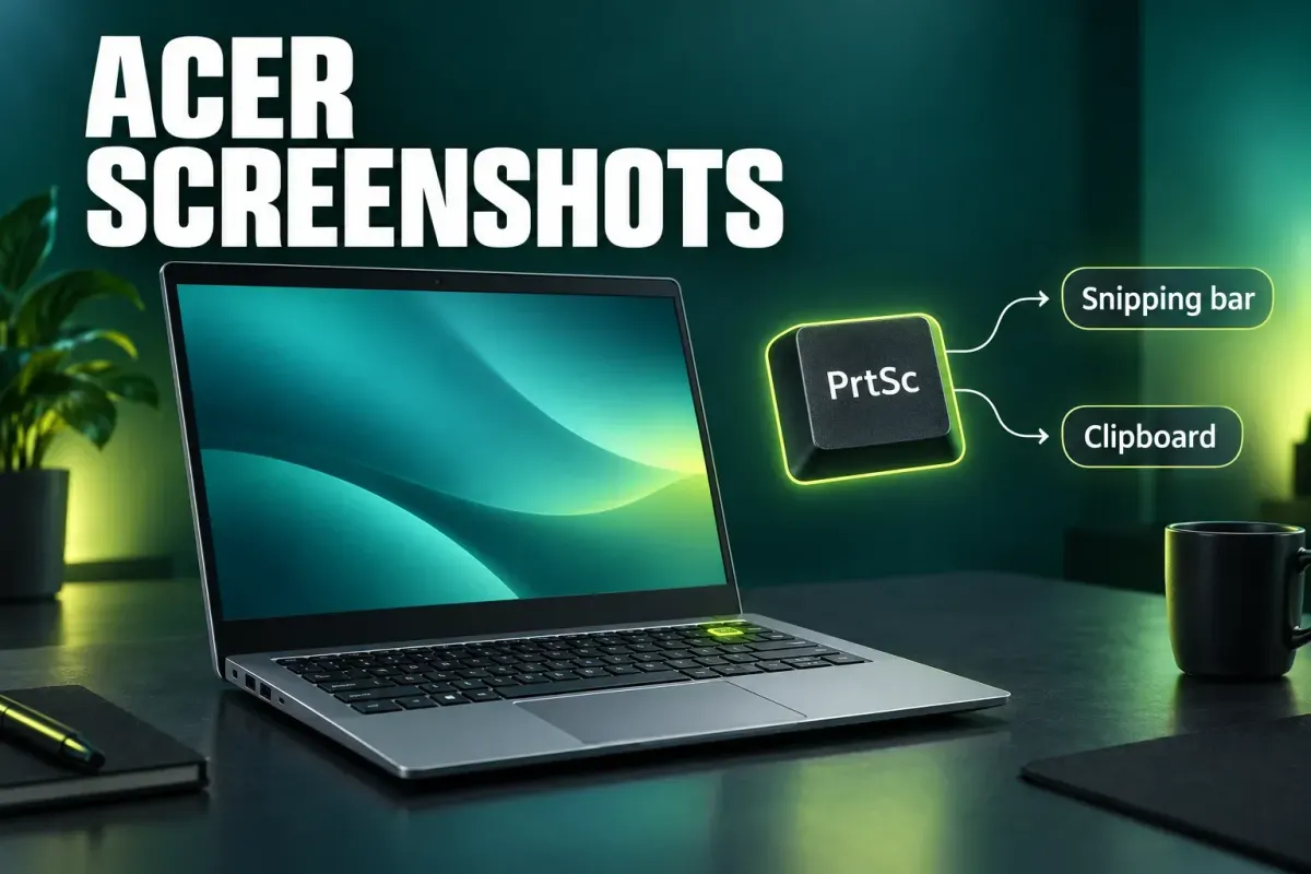 Acer screenshots cover: a silver-gray laptop on a dark desk with one top-row key glowing lime, and a floating PrtSc keycap with arrows to labels Snipping bar and Clipboard