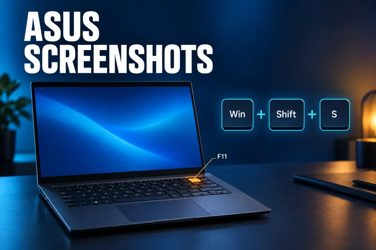 ASUS screenshots cover: a dark slate laptop on a desk with one top-row key labeled F11 glowing amber, and Win, Shift and S keycaps joined by plus signs
