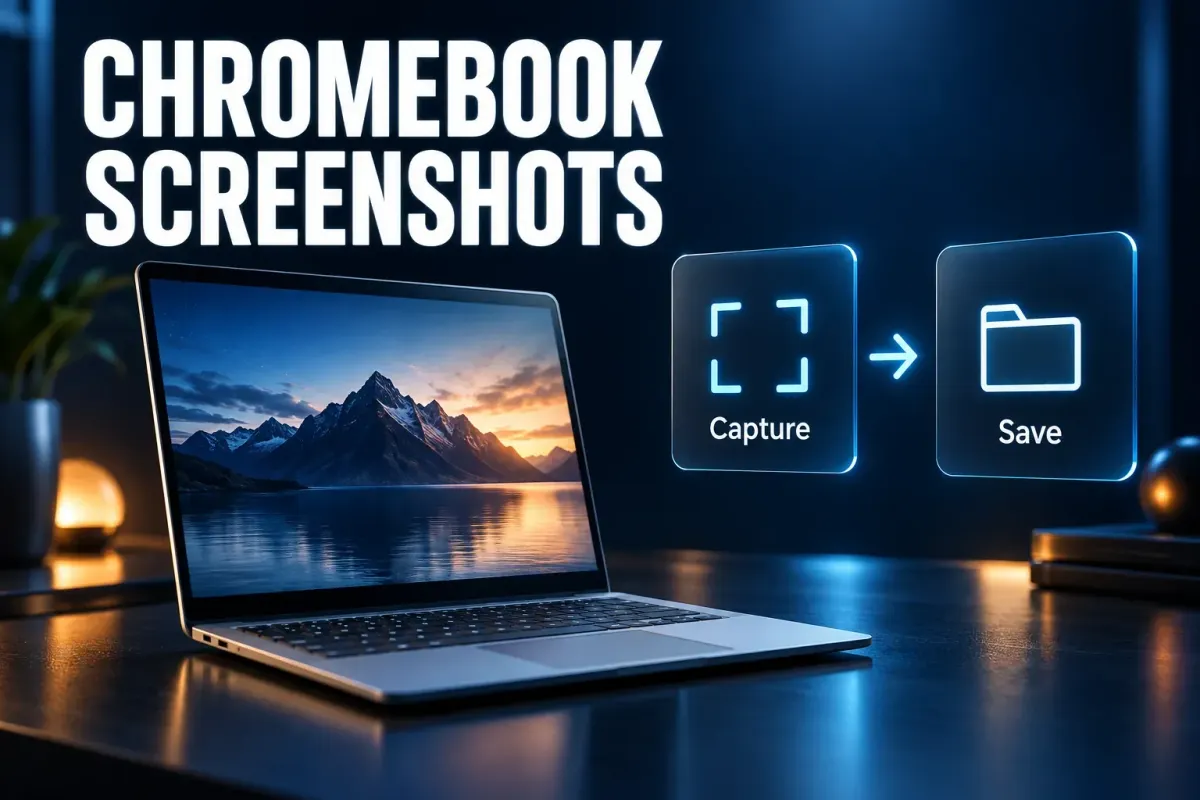 Chromebook screenshots cover with a laptop on a desk and two cards labeled Capture and Save linked by an arrow