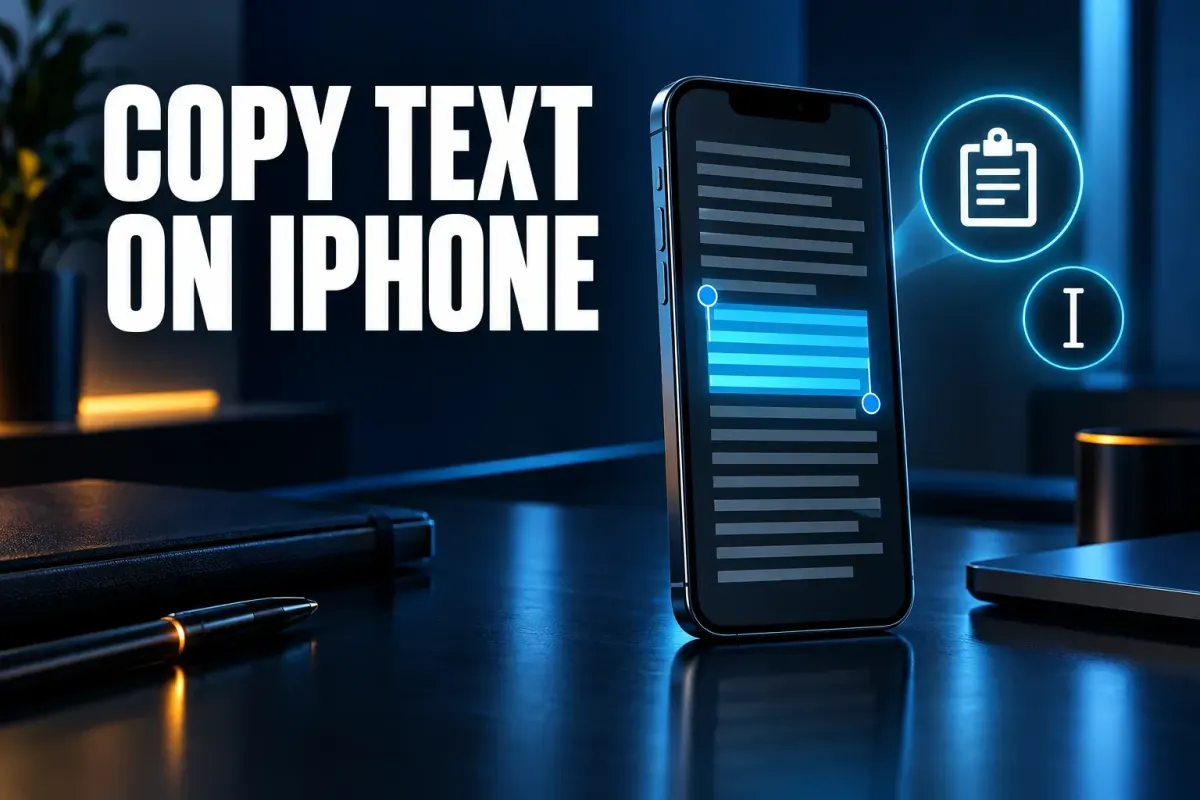 Copy text on iPhone cover with an upright phone on a dark desk showing lines of text with a highlighted block and selection handles, and a clipboard badge and a text cursor badge