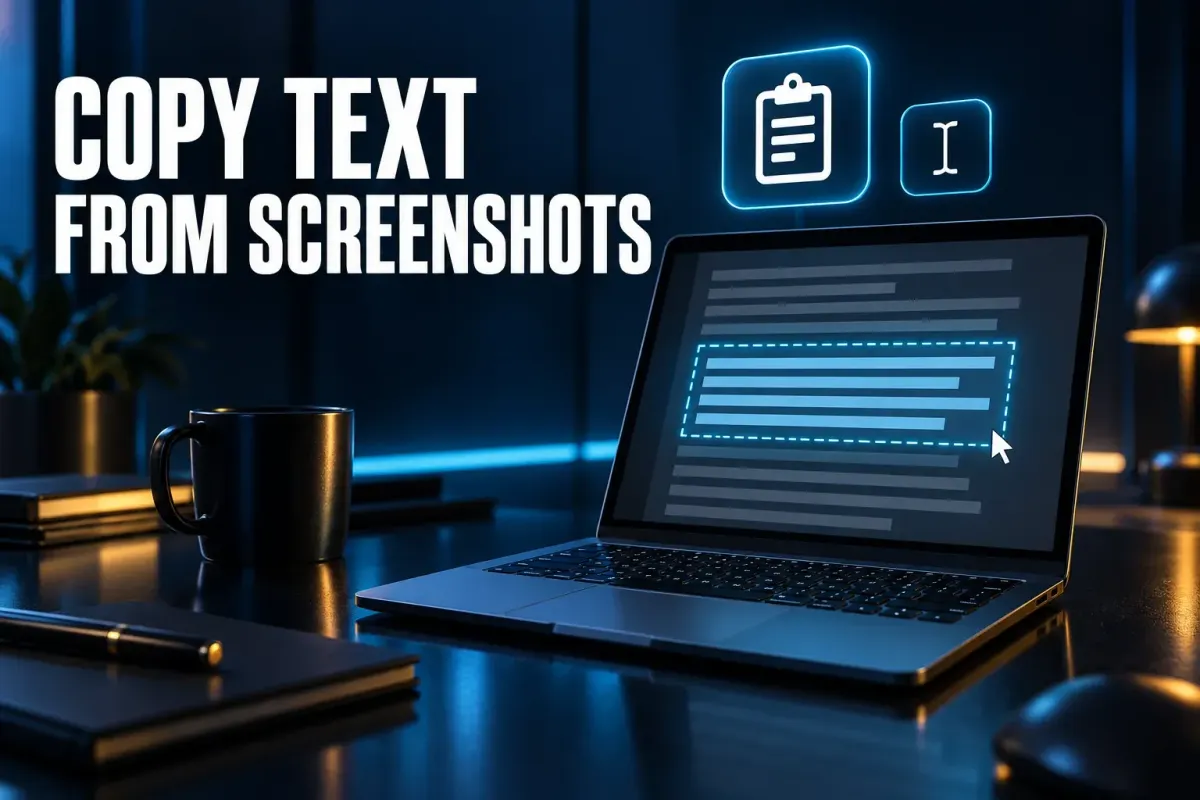 Copy text from screenshots cover with an open laptop on a dark desk showing lines of text with a dashed selection box, and a clipboard badge and text cursor badge above it